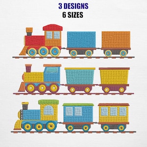 May include: Embroidered train designs in red, yellow, and blue with matching train cars. The image includes the text "3 DESIGNS 6 SIZES". The trains are on brown tracks, with yellow and blue wheels.