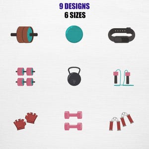 May include: An illustration of fitness equipment including an ab roller, exercise ball, fitness tracker, dumbbells, kettlebell, skipping rope, weightlifting gloves, and hand grip strengtheners. Text reads "9 Designs 6 Sizes."