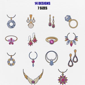 Op de afbeelding: Een digitale illustratie met 14 ontwerpen en 7 maten sieraden, waaronder diverse kettingen, oorbellen en ringen. De items bevatten goud-, paars- en roze tinten met geometrische en bloemvormen, gepresenteerd als een verzameling iconen.