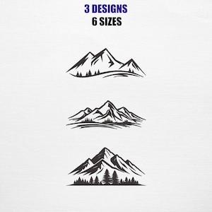 May include: Black and white mountain range designs with pine trees. The image displays three different mountain designs and the text "3 DESIGNS 6 SIZES" in blue and black.