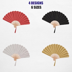 May include: Four decorative folding fans in red, black, white, and gold. Each fan has a wooden handle and a matching tassel. The image includes the text "4 DESIGNS 6 SIZES" in the upper portion of the image.