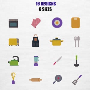 Puede incluir: Ilustración de 16 diseños de cocina en 6 tamaños. La imagen presenta varios artículos de cocina, como un horno, una tostadora, un delantal, una olla, una licuadora, un cuchillo y otros utensilios. El texto en la parte superior dice "16 DESIGNS 6 SIZES."