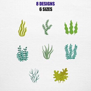Könnte beinhalten: Ein Bild mit acht verschiedenen Designs von Wasserpflanzen in Grün- und Gelbtönen. Der Text oben lautet "8 DESIGNS 6 SIZES" in Blau und Schwarz.