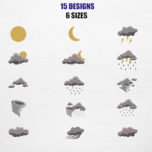 Puede incluir: Una colección de gráficos con temática meteorológica, que incluyen sol, luna, nubes, lluvia, relámpagos y tornados. La imagen incluye el texto "15 DESIGNS 6 SIZES". Los gráficos son en tonos grises, amarillos y blancos.