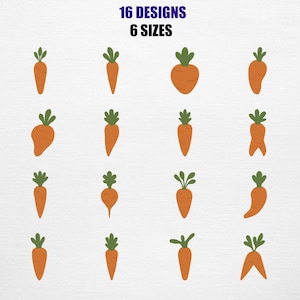 May include: Sixteen illustrations of carrots in different shapes and sizes, each with green tops. The image includes the text "16 DESIGNS 6 SIZES" in blue and black.