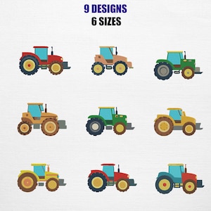 May include: Nine colorful tractor designs in various colors, including red, green, yellow, and brown. Each tractor has a unique color scheme and design. The text at the top reads "9 DESIGNS 6 SIZES".
