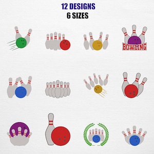 Pode incluir: Uma coleção de designs com tema de boliche, apresentando pinos e bolas de boliche em várias cores. A imagem inclui o texto "12 DESIGNS 6 SIZES" no topo. Os designs são em estilo cartoon, com fundo branco.