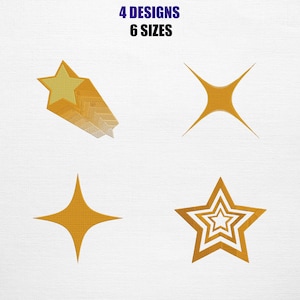 May include: Image features four gold star designs in various styles, including a shooting star and a multi-layered star. Text at the top reads "4 DESIGNS 6 SIZES" in blue. The stars are set against a white background.