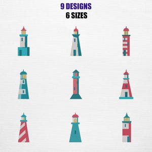 Könnte beinhalten: Neun Leuchtturm-Designs in verschiedenen Farben, darunter Rot, Blau und Weiß, werden auf weißem Hintergrund angezeigt. Der Text "9 DESIGNS 6 SIZES" steht oben. Jeder Leuchtturm hat ein einzigartiges Design mit unterschiedlichen Formen und Farbkombinationen.