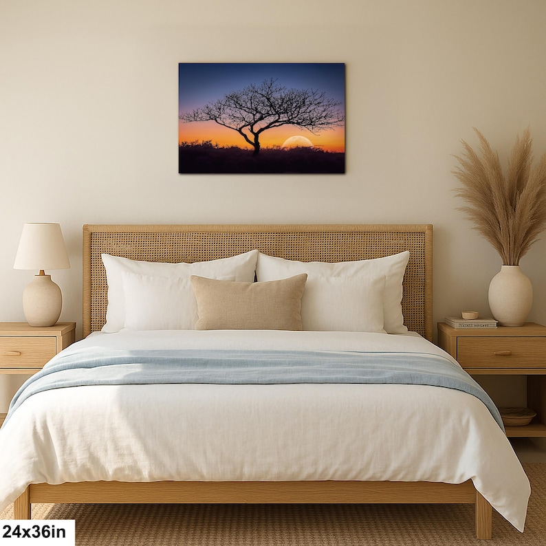 Fotografía impresa de silueta de árbol al atardecer, arte mural de paisaje de la hora dorada, decoración de naturaleza. imagen 6