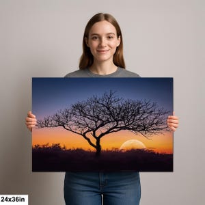 Fotografía impresa de silueta de árbol al atardecer, arte mural de paisaje de la hora dorada, decoración de naturaleza. 24x36”