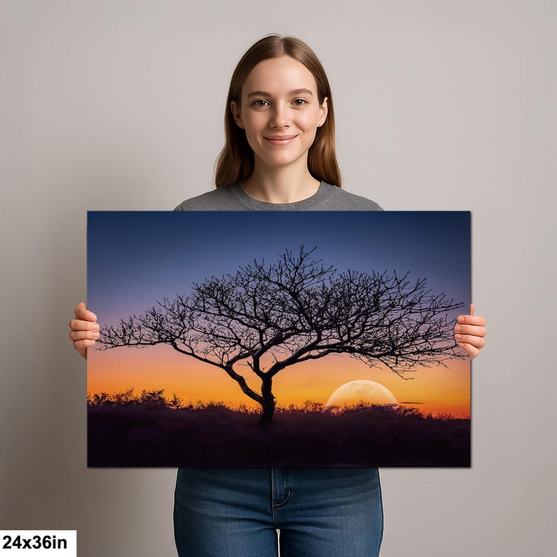 Fotografía impresa de silueta de árbol al atardecer, arte mural de paisaje de la hora dorada, decoración de naturaleza. 24x36”