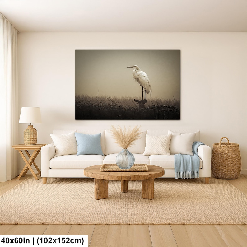 Fågelfotografi av dimmig häger | Stämningsfull kustnära djurliv | Lugn väggdekoration i träsk | 40x60”