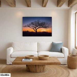 Fotografía impresa de silueta de árbol al atardecer, arte mural de paisaje de la hora dorada, decoración de naturaleza. 32x48”