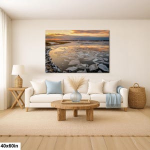 Long Island Sound Sunset Print, Winter Ice Photography 40x60”