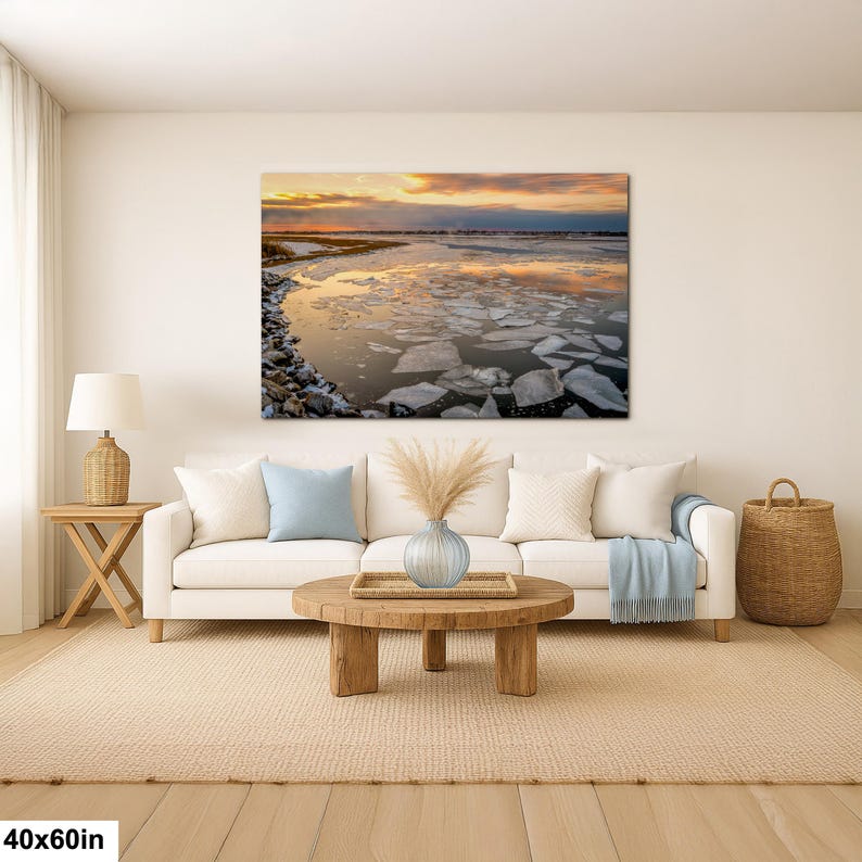 Long Island Sound Sunset Print, Winter Ice Photography 40x60”