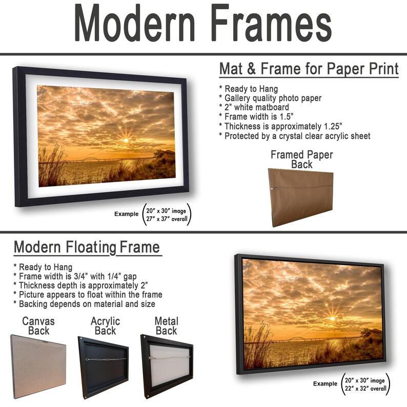 May include: The image showcases framed art prints with the text "Modern Frames." The top section details a mat and frame for paper prints, while the bottom section highlights modern floating frames. The framed art features a landscape image of a sunset over water.