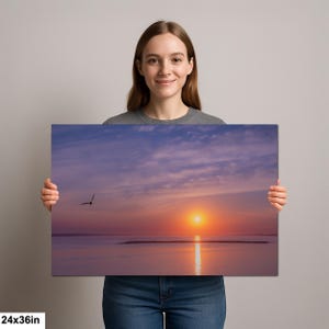 Sunset Ocean Photography Print, Seagull Coastal Wall Art, Minimalist Beach Decor, Serene Water Reflection, 24x36”
