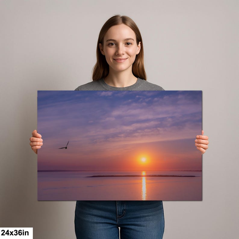 Sunset Ocean Photography Print, Seagull Coastal Wall Art, Minimalist Beach Decor, Serene Water Reflection, 24x36”