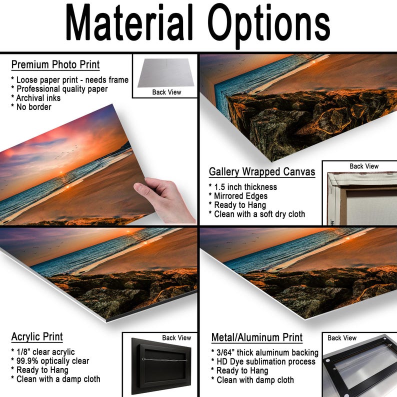 May include: Image showcasing four material options for art prints: Premium Photo Print, Gallery Wrapped Canvas, Acrylic Print, and Metal/Aluminum Print. Each option is described with key features, such as paper type, thickness, and hanging readiness. The text "Material Options" is at the top.
