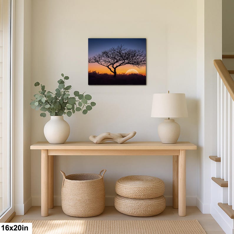 Fotografía impresa de silueta de árbol al atardecer, arte mural de paisaje de la hora dorada, decoración de naturaleza. imagen 2