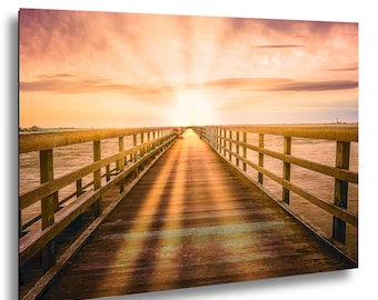 Sunrise Fishing Pier Photo Golden Light | Coastal Seascape Wall Art with Leading Lines