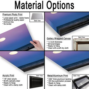 May include: Image showcasing four material options for prints: Premium Photo Print, Gallery Wrapped Canvas, Acrylic Print, and Metal/Aluminum Print. Each option is described with key features and a back view illustration. The title "Material Options" is at the top.