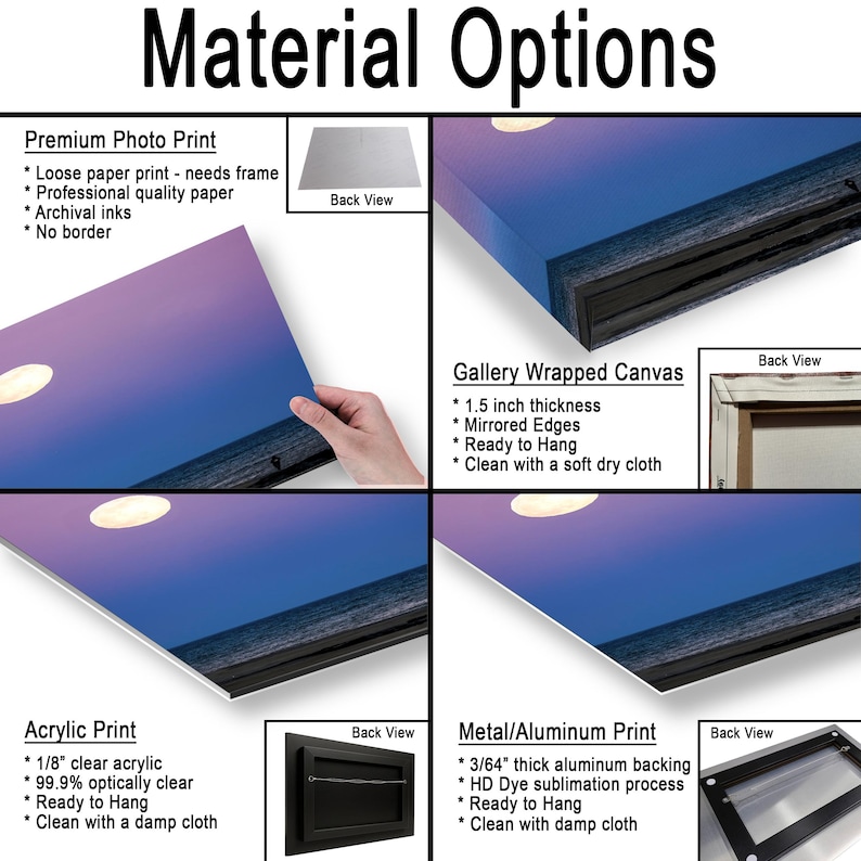 May include: Image showcasing four material options for prints: Premium Photo Print, Gallery Wrapped Canvas, Acrylic Print, and Metal/Aluminum Print. Each option is described with key features and a back view illustration. The title "Material Options" is at the top.