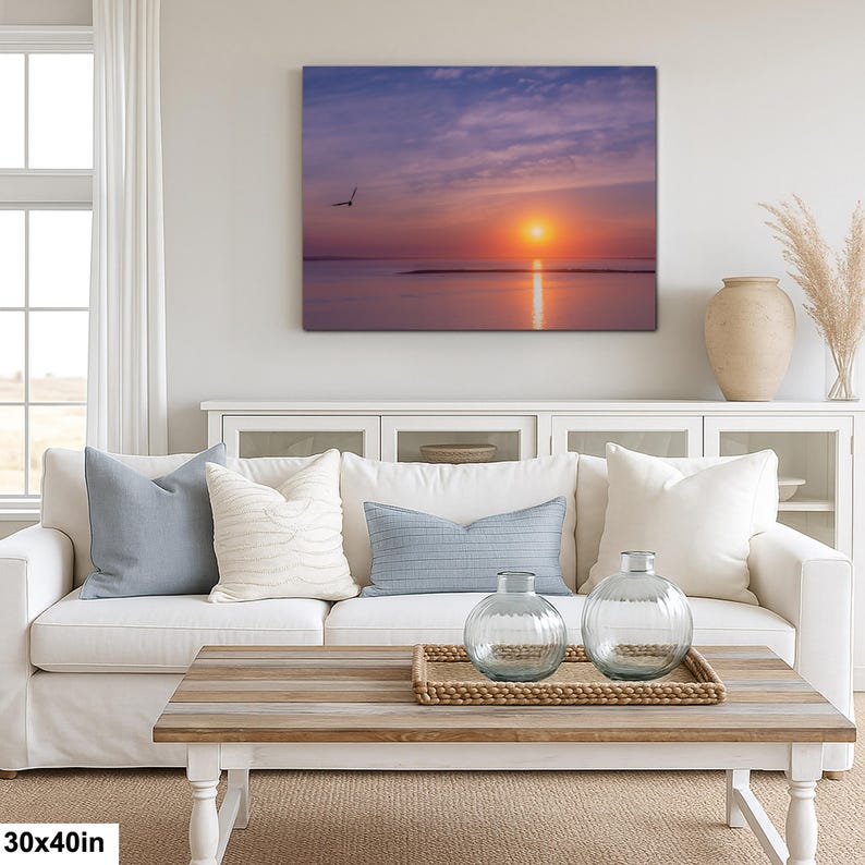 Sunset Ocean Photography Print, Seagull Coastal Wall Art, Minimalist Beach Decor, Serene Water Reflection, 30x40”