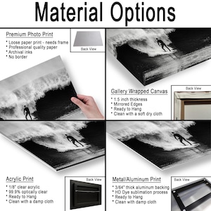 K&ouml;nnte beinhalten: Bild mit vier Materialoptionen f&uuml;r Drucke: Premium Foto Druck, Gallery Wrapped Canvas, Acryldruck und Metall/Aluminium Druck. Jede Option zeigt ein Schwarz-Wei&szlig;-Bild eines Surfers. Textdetails zu den Eigenschaften jedes Materials.