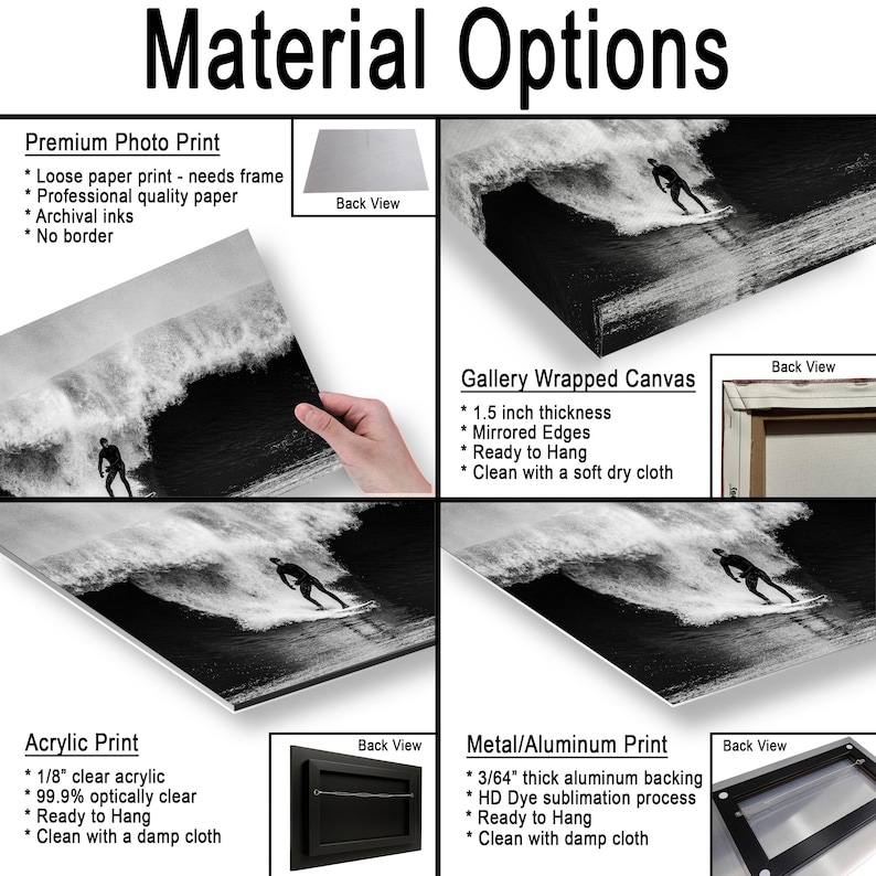 K&ouml;nnte beinhalten: Bild mit vier Materialoptionen f&uuml;r Drucke: Premium Foto Druck, Gallery Wrapped Canvas, Acryldruck und Metall/Aluminium Druck. Jede Option zeigt ein Schwarz-Wei&szlig;-Bild eines Surfers. Textdetails zu den Eigenschaften jedes Materials.