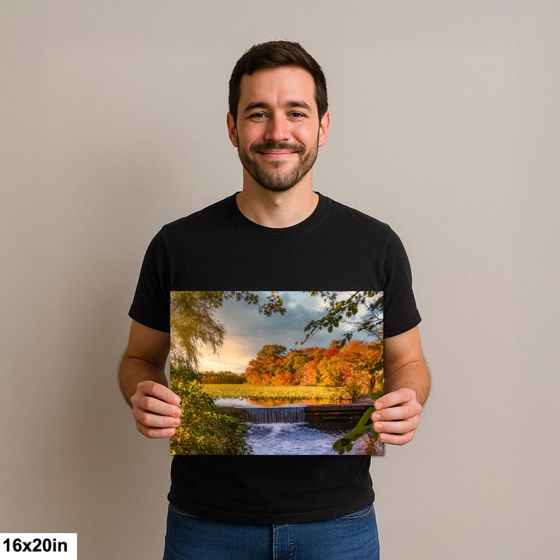 Herbst Wasserfall Szene am Smith Pond | Herbstlaub Landschaft Spiegelung | Long Island Naturfotografie 16x20”
