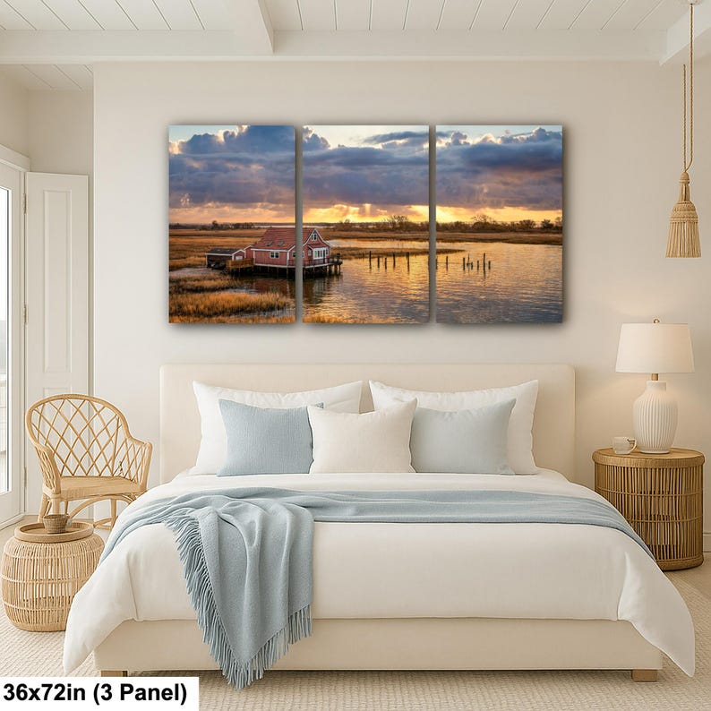 South Bay Shack Print | Marshland Sunset Photography of Historic House 36x72” (3 panels)