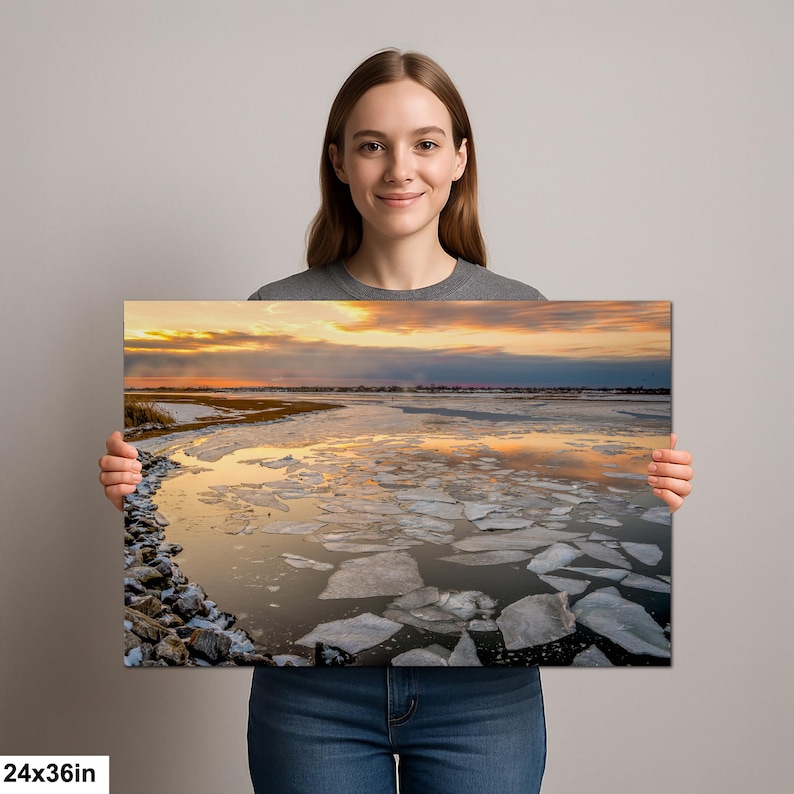 Long Island Sound Sunset Print, Winter Ice Photography 24x36”