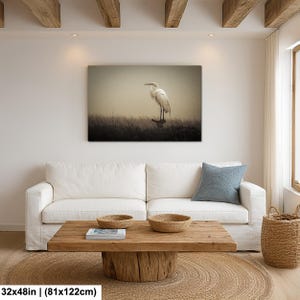 Fågelfotografi av dimmig häger | Stämningsfull kustnära djurliv | Lugn väggdekoration i träsk | 32x48”
