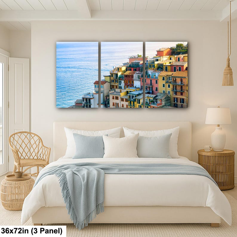 Cinque Terre Cliffside Village Wall Art | Colorful Italian Coastal Town Photographic Print | Liguria Seaside 36x72” (3 panels)