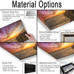 Peut inclure: Image pr&eacute;sentant diff&eacute;rentes options de mat&eacute;riaux pour les &oelig;uvres d'art. Comprend l'impression photo premium, la toile tendue, l'impression acrylique et l'impression m&eacute;tal/aluminium. Chaque option est d&eacute;crite avec des caract&eacute;ristiques.