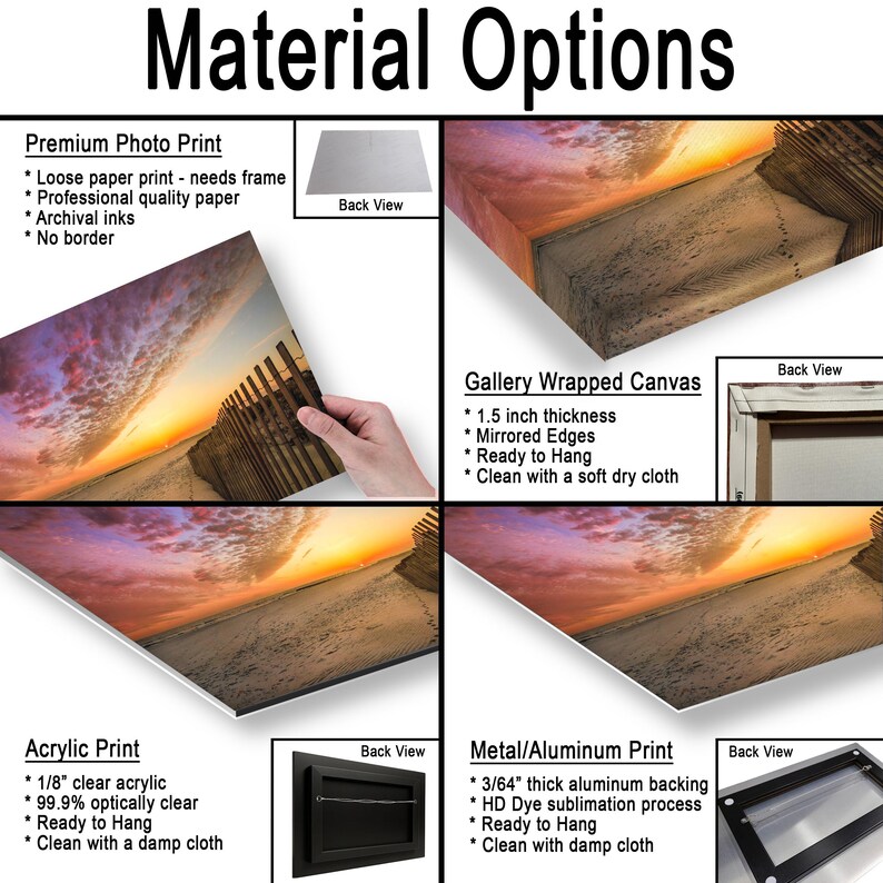 Peut inclure: Image pr&eacute;sentant diff&eacute;rentes options de mat&eacute;riaux pour les &oelig;uvres d'art. Comprend l'impression photo premium, la toile tendue, l'impression acrylique et l'impression m&eacute;tal/aluminium. Chaque option est d&eacute;crite avec des caract&eacute;ristiques.