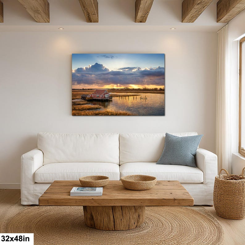 South Bay Shack Print | Marshland Sunset Photography of Historic House 32x48”