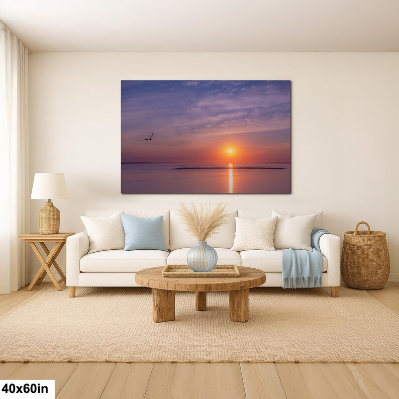 Sunset Ocean Photography Print, Seagull Coastal Wall Art, Minimalist Beach Decor, Serene Water Reflection, 40x60”