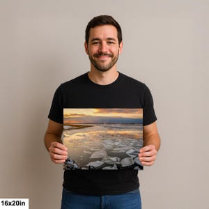 Long Island Sound Sunset Print, Winter Ice Photography 16x20”