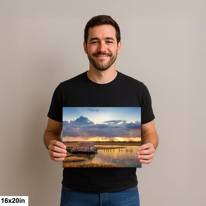 South Bay Shack Print | Marshland Sunset Photography of Historic House 16x20”