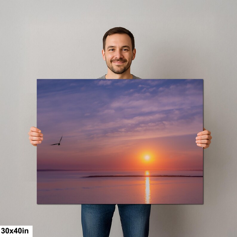 Sunset Ocean Photography Print, Seagull Coastal Wall Art, Minimalist Beach Decor, Serene Water Reflection, image 7