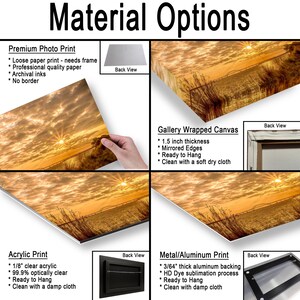 May include: Image showcasing material options for artwork. Includes Premium Photo Print, Gallery Wrapped Canvas, Acrylic Print, and Metal/Aluminum Print. Each option is described with features like paper type, thickness, and cleaning instructions. The image features a sunset landscape.