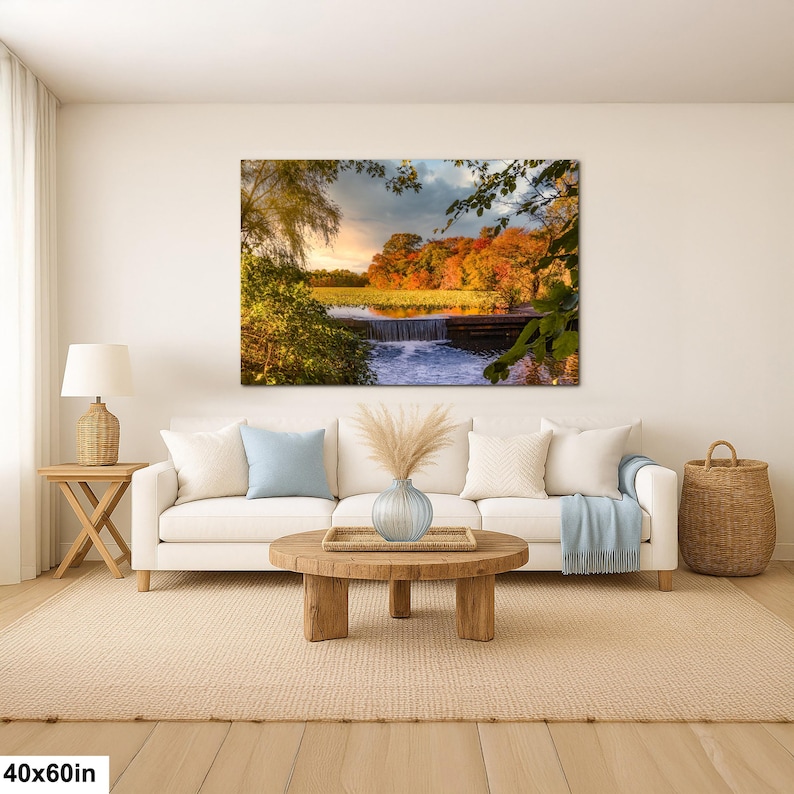 Herbst Wasserfall Szene am Smith Pond | Herbstlaub Landschaft Spiegelung | Long Island Naturfotografie 40x60”