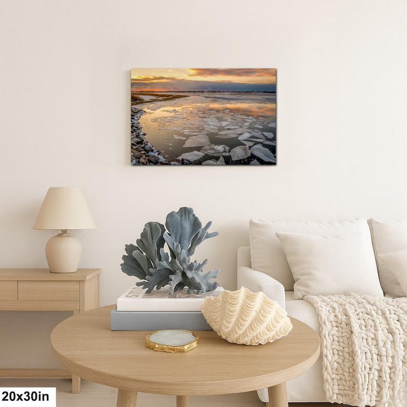 Long Island Sound Sunset Print, Winter Ice Photography 20x30”