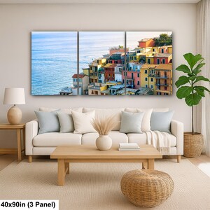 Cinque Terre Cliffside Village Wall Art | Colorful Italian Coastal Town Photographic Print | Liguria Seaside 40x90” (3 panels)