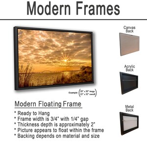 May include: Modern floating frame with a sunset landscape image. The frame is black, with a 3/4" width and a 1/4" gap. The image size is 20" x 30", with an overall size of 22" x 32". Backing options include canvas, acrylic, and metal.