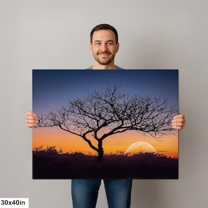 Fotografía impresa de silueta de árbol al atardecer, arte mural de paisaje de la hora dorada, decoración de naturaleza. imagen 7