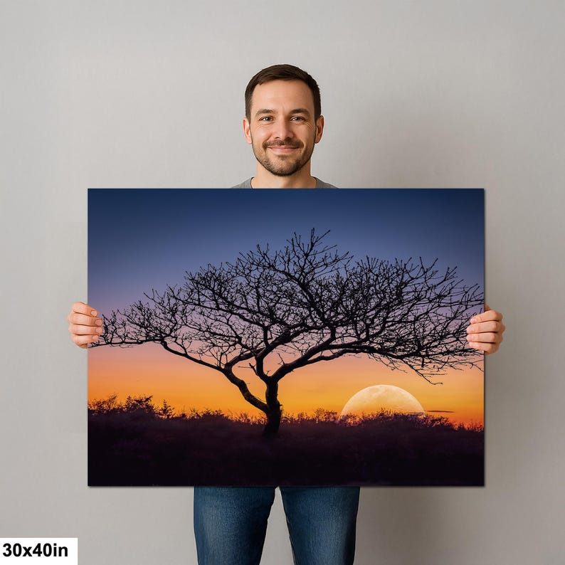 Fotografía impresa de silueta de árbol al atardecer, arte mural de paisaje de la hora dorada, decoración de naturaleza. imagen 7